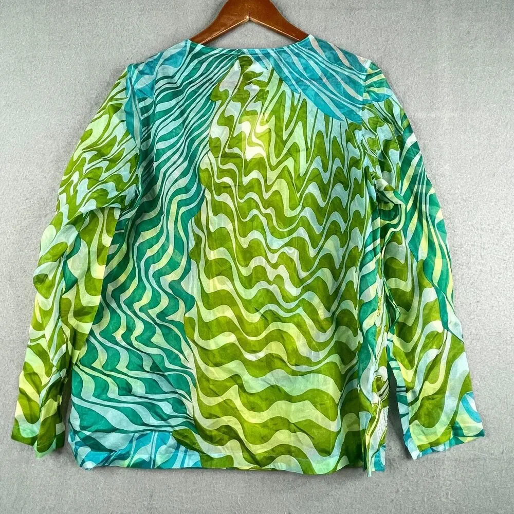 New Diane Gilman Silk Tunic Blouse Womens Med Button Front Sequins Green Blue - Picture 2 of 14